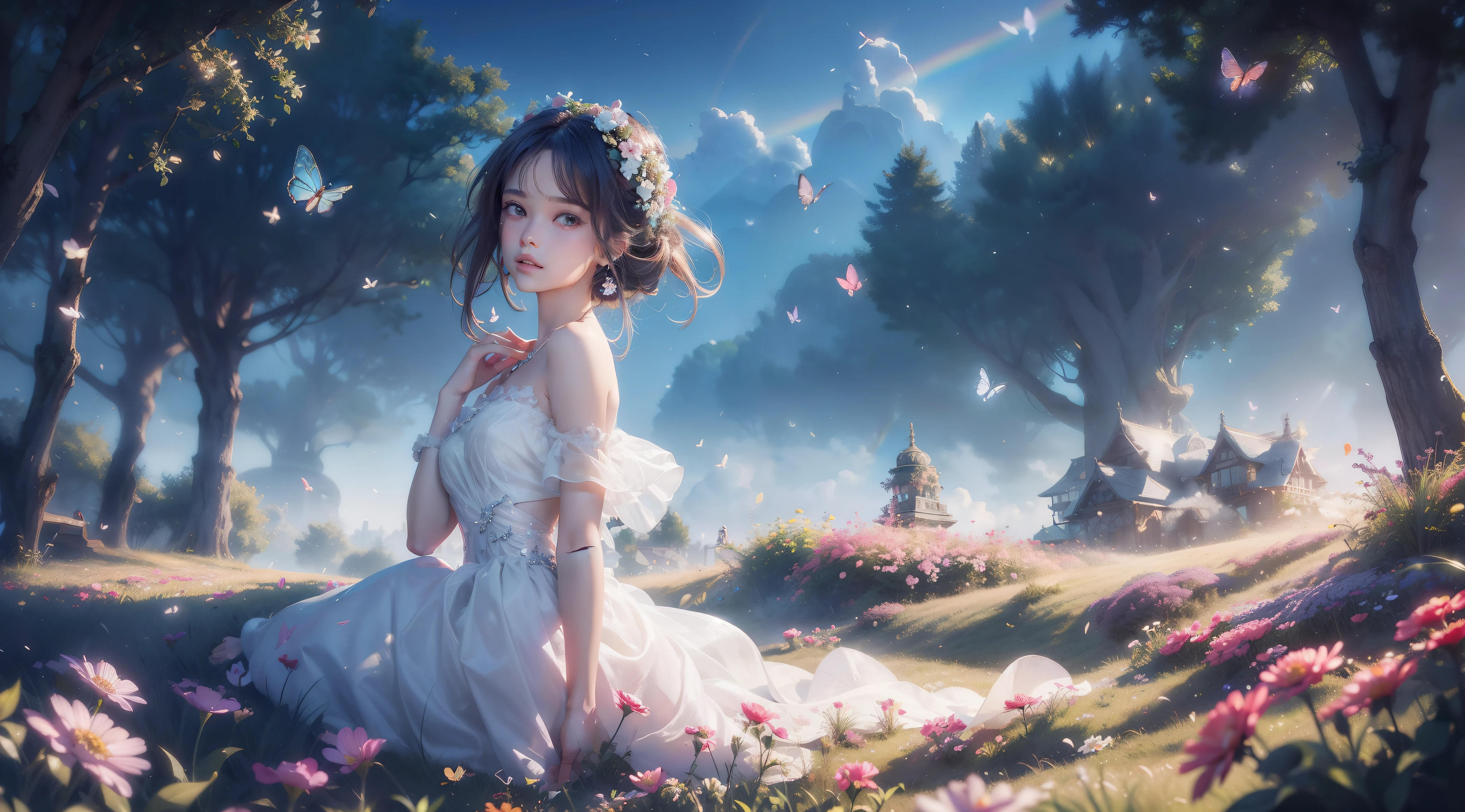 1girl, solo, full body, (masterpiece:1.21), (best quality:1.2), colorful, (illustration:1.2), (cinematic lighting:1.1), (bare shoulders:1.21), (collarbone:1.21) in this whimsical A beautiful and dreamlike garden, the scene is illuminated by a rainbow (colorful fireflies) dancing in the air. Pastel (drizzle) adorns the garden, creating a hazy and ethereal atmosphere. In the center of the picture, stands a single girl, an extremely beautiful girl, with lovely facial features and an innocent expression. Her long hair fluttered in the wind. She wore a low-cut strapless dress that accentuated her curves. The lighting is very delicate and beautiful, creating a soft warm glow that accentuates the water and makes it sparkle like a diamond. The finest grasses are also illuminated to create a lush carpet. The garden is surrounded by colorful flower fields with flowers of all colors and shapes. Various colors and sizes (coloured butterflies) can be seen flying around the scene, adding to the overall sense of wonder and magic. (Everyone, judges), a blush can be seen on the bridge of the nose, and the mouth is slightly opened, which adds to the overall sense of innocence and youth. Falling petals can be seen waving around her, adding to the overall sense of romance and beauty. The breeze is blowing, the leaves are rustling, and the flowers are swaying, adding to the overall dynamism and vitality. It is a scene of pure wonder and magic, full of color and beauty, where the viewer can lose themselves in this enchanting and captivating world.