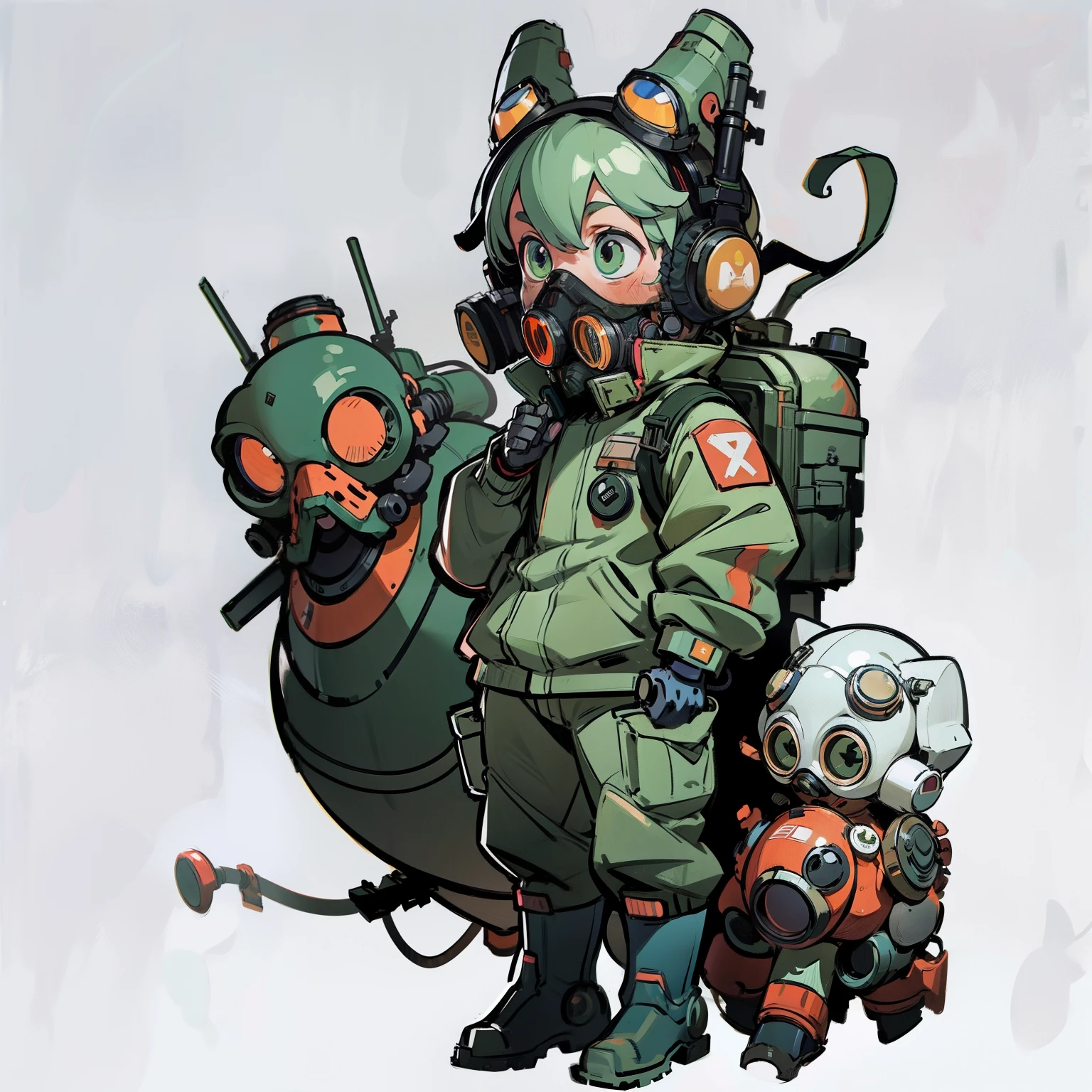 masutepiece, Best Quality, ((Full body shot)), No background, White background, a gas mask, Robot goggles, headphones, mechanical bunny hat, Military, Man's, long boots, camo, Chibi