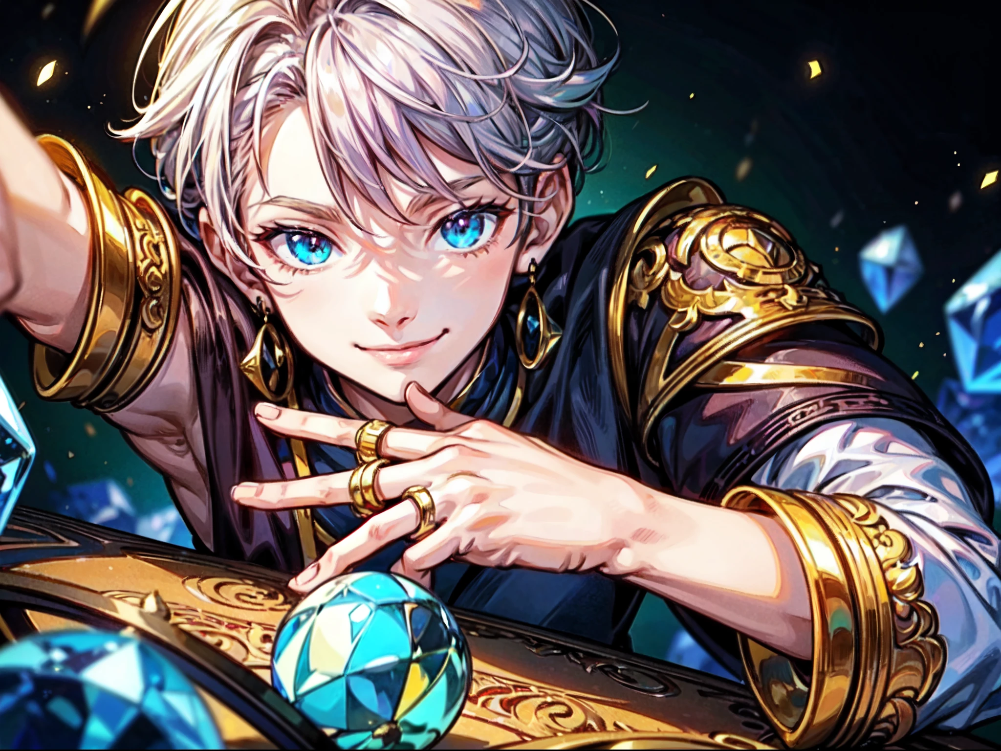(anime, illustration:1.3),(A child wears many rings on his fingers.) The rings are made of various materials, such as gold, silver, and gems. The  smiles proudly, showing off his fingers. He likes to collect rings and wears different ones every day. The people around him think he is pretentious, but he doesn't care.