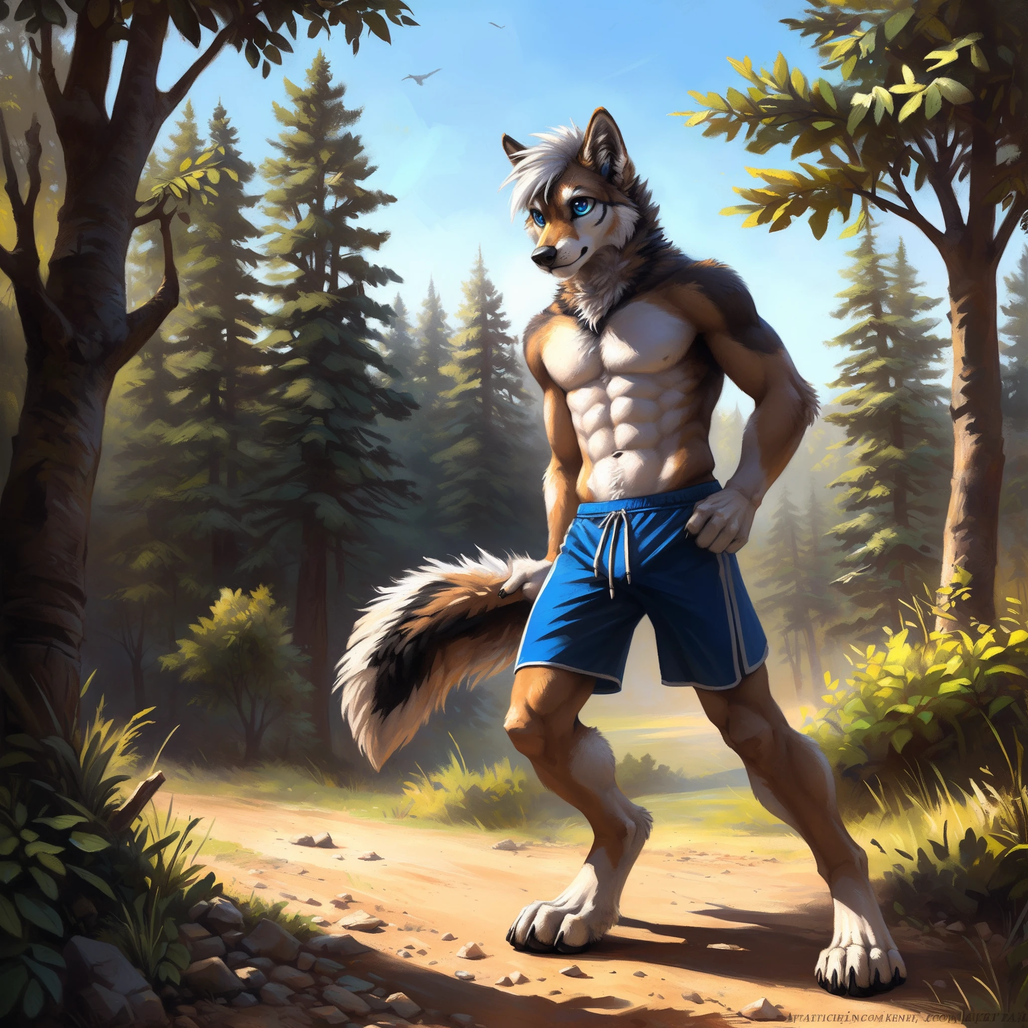 ((Solo)), male people, anthro wolf, (Multi-colored fur, Black White Taupe:1.3), ((Dog face, White hair, Big eyes, White eyelids, Blue pupil, Slim:1.2) (Tough, Calm expression:1.2)), ((sport:1.1)), Abs, Slim, pinging)), (Correct anatomy), (Work shorts:1.1), (Contoured bones:1.2), naked torso, (detailed outfits),large tail， Feet，(Realistic fur, Detailed fur texture, labeled:1.3)), (Natural lighting), Photorealistic, Hyperrealistic, ultradetailed, by Kenket