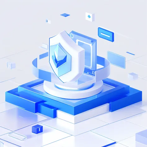There is a white and blue object，There is a shield on it, cyber security polygon, depicted as a 3 d render, Isometric style, isometric 8k, isometric design, 3d isometric, 3 d isometric, prerendered isometric graphics, rendered in cinema 4 d, Rendered in Ci...