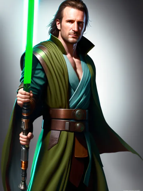 Detailed portrait of Michael Neeson as Jedi qui-gon jinn, with green lightsaber, full body, Greg Rutkowski, artstation, fantasy,...