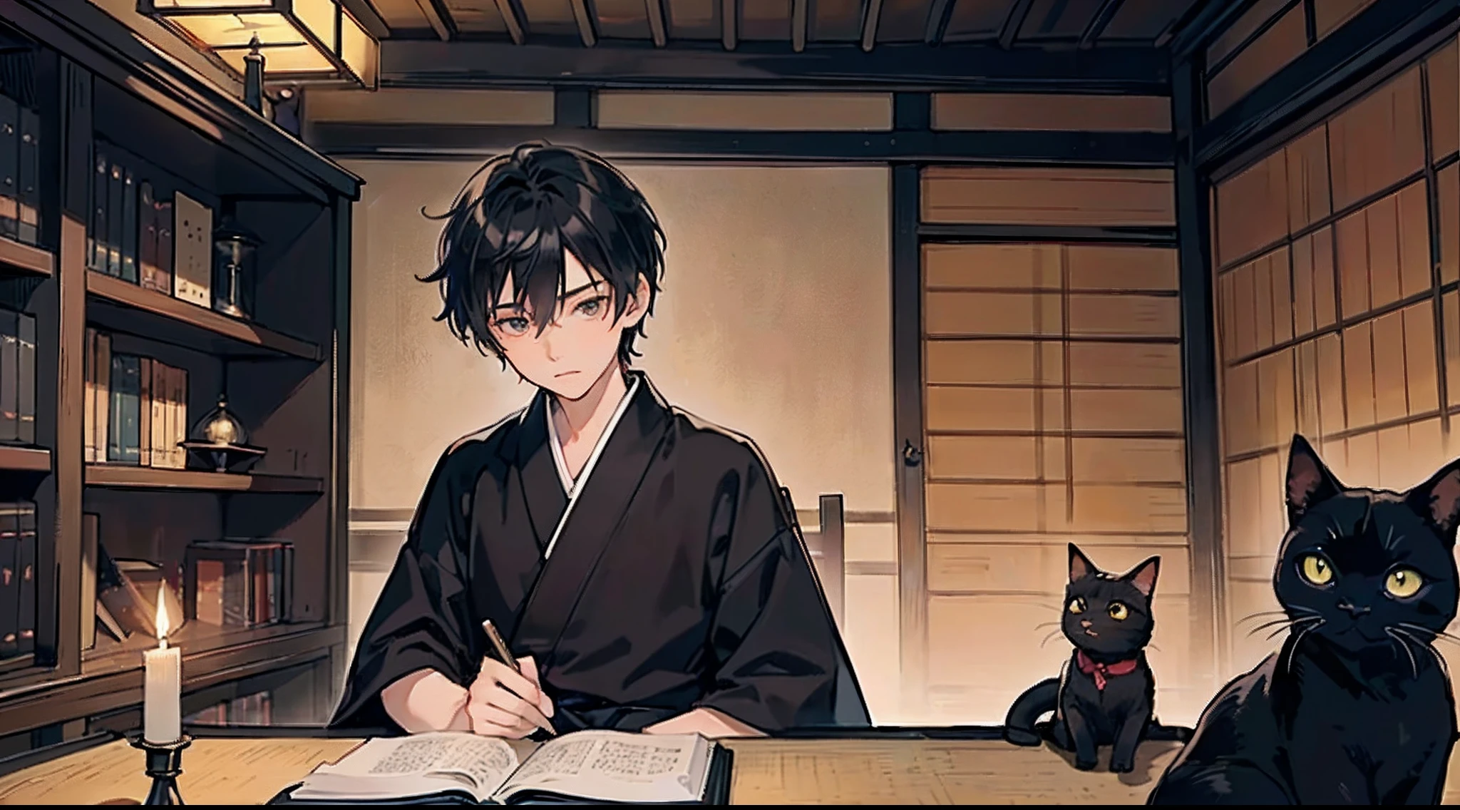 #nigh sky (Darkness of the night,No light), #One Writing Boy (16 years old male、Honor Students、A dark-haired、short-hair、Hakama,Sit flat), #Black room at night (No light,Black cat,Wooden Low Table,1 candle,Beautiful tatami mats,a lots of books,bookshelf)