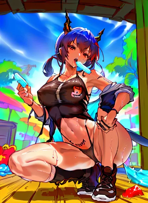 Anime girl sitting on popsicle, Beautiful anime girl kneeling with open legs， Biomechanical OPPAI, Sexy pudica pose gesture, seductive anime girls, with index finger, the anime girl is crouching, an oppai cyberpunk, hajime yatate, rogue anime girl ayanami ...