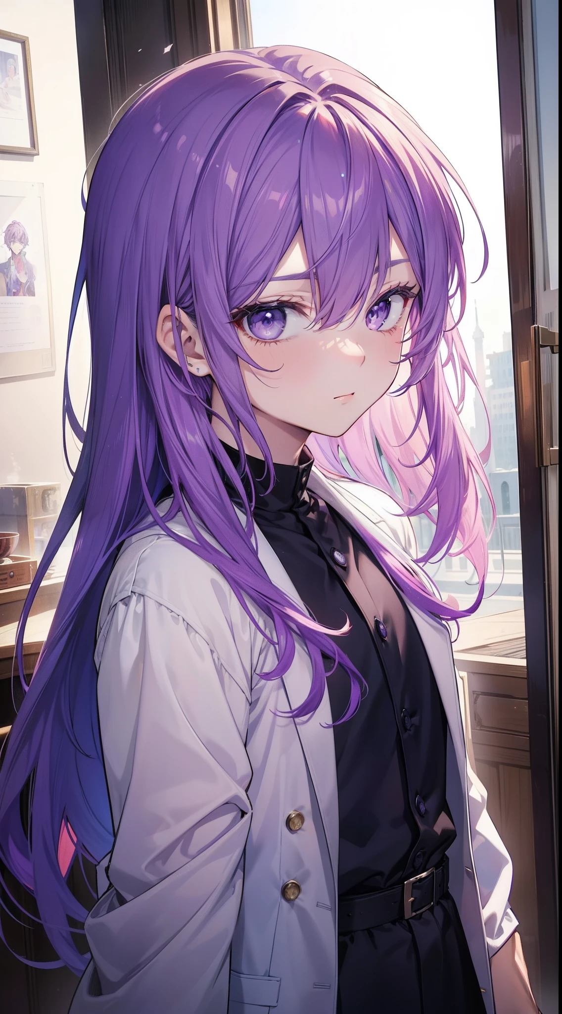 Anime girl with purple hair and a white jacket looking out a window -  SeaArt AI