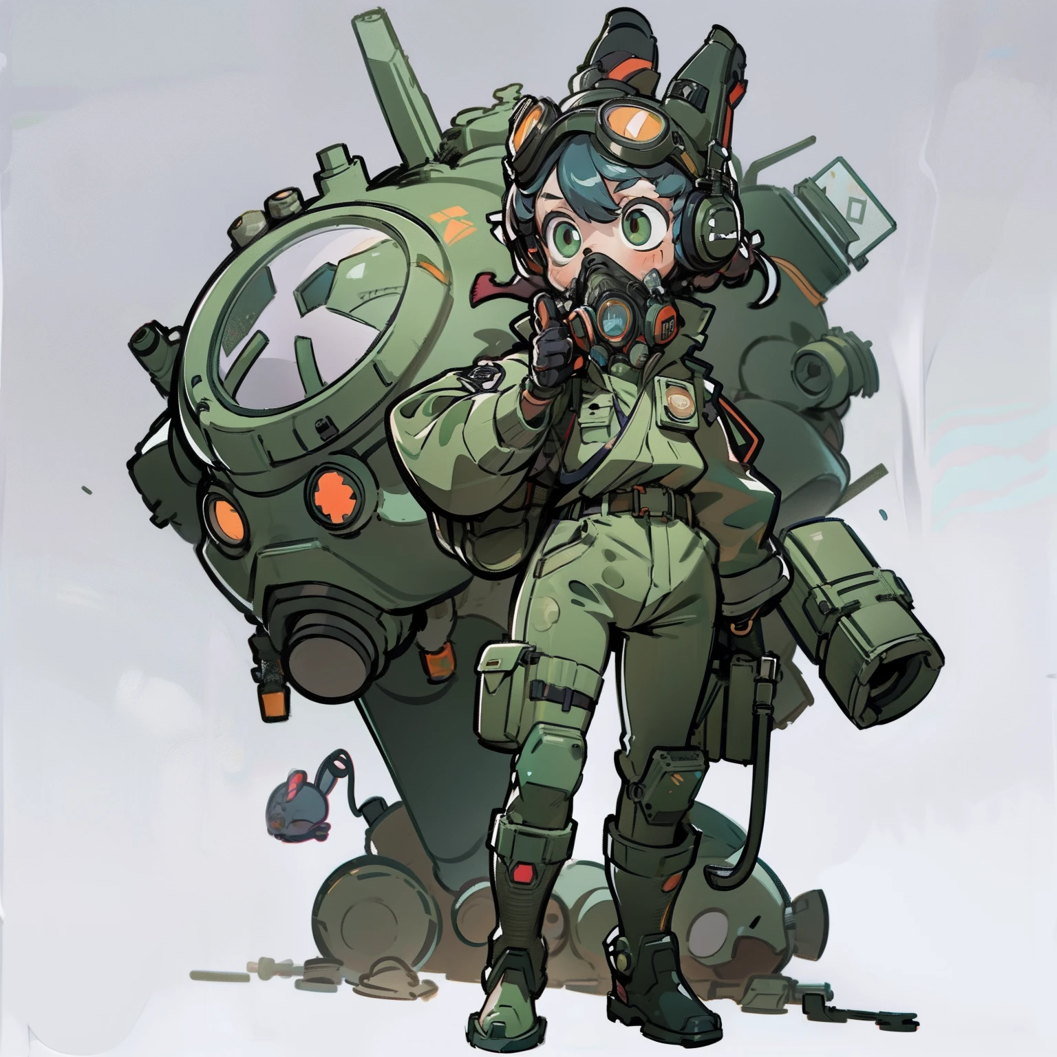 masutepiece, Best Quality, ((Full body shot)), No background, White background, a gas mask, goggles, headphones, mechanical bunny hat, Military, Man's, long boots, camo, chibi, giant robot hand
