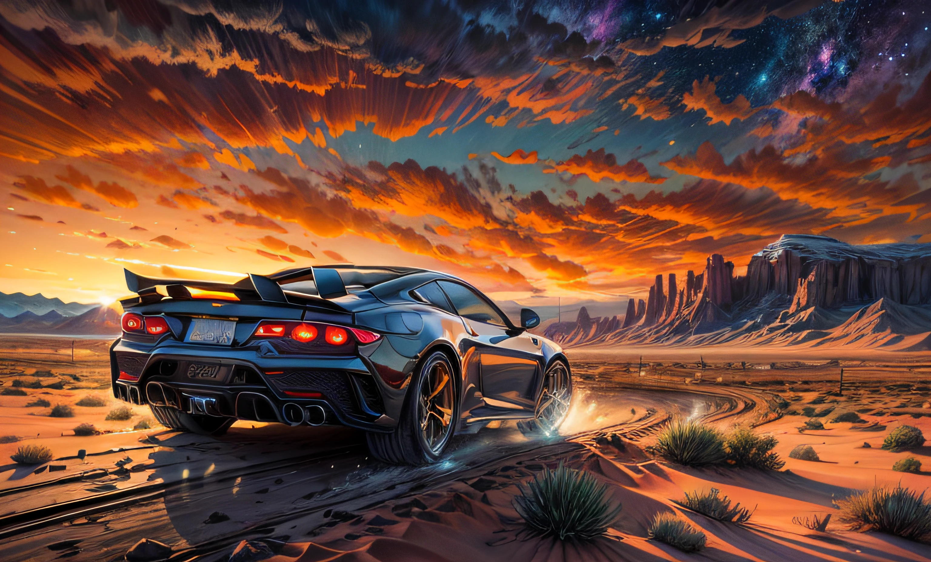 "Sport car, award-winning obra de arte, renderizado em estilo anime com efeito de pintura a óleo. A ilustração vibrante captura o horror em uma atmosfera cósmica. A imagem ampla do local no deserto é exibida em alta definição e surpreendente resolução K, panorâmico, obra de arte."