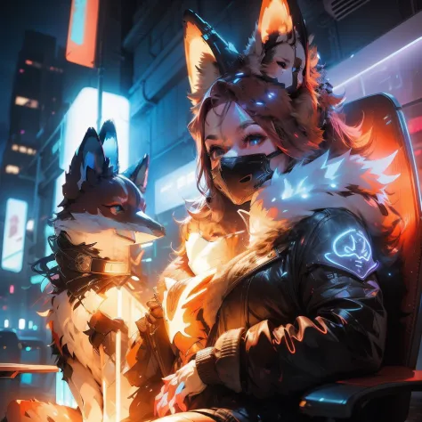 A lady wearing a face mask sitting on a big chair with her big fox, neon lights night