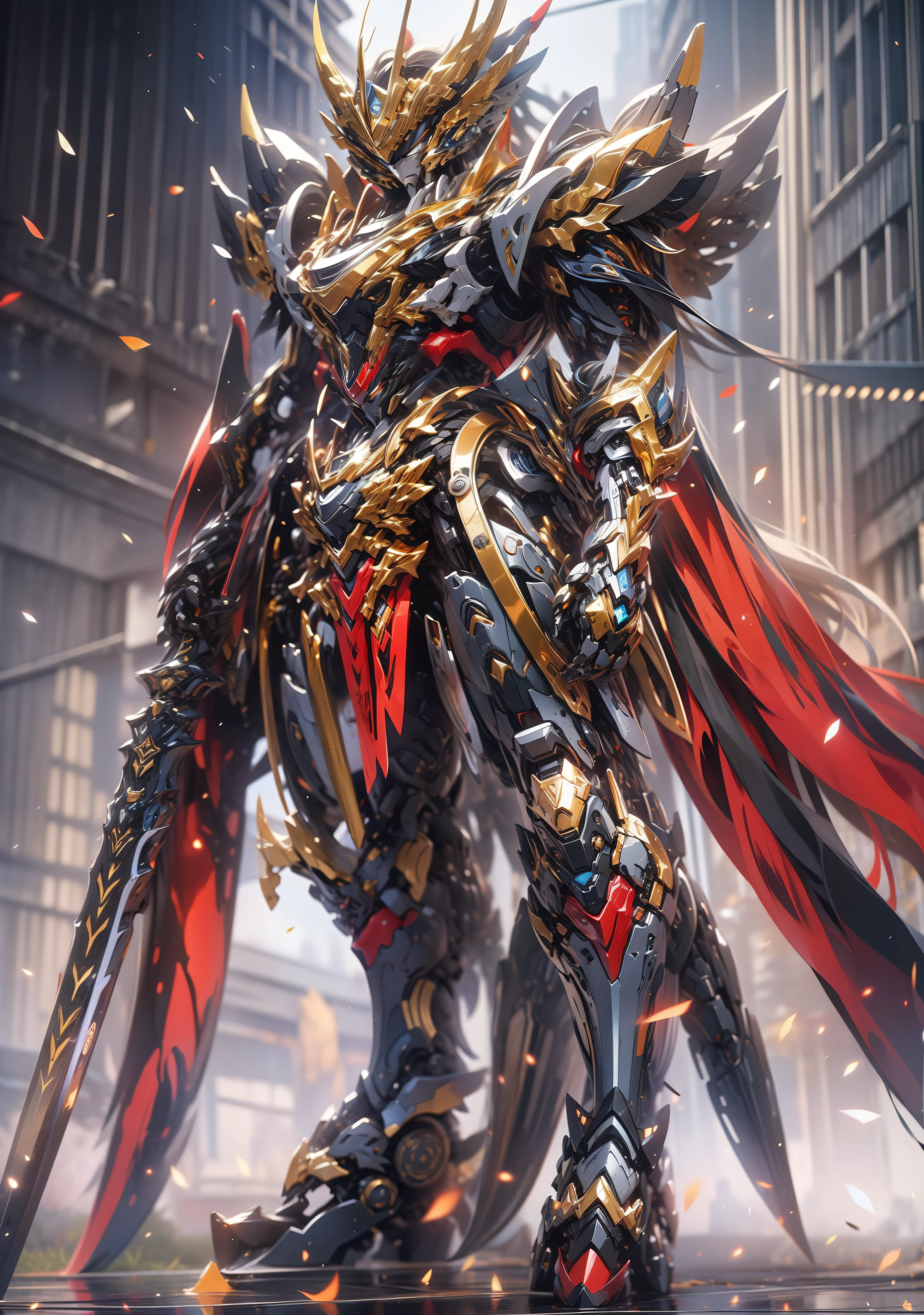 super wide shot, Full body frontal photo,Mecha male warrior，The heroic demeanor of the Three Kingdoms,《Mech color: Red Deep Series》，（《Romance of the Three Kingdoms》，《Lu Bu》，Holding Fang Tian's halberd in his hand，），（Full body mecha）, Keqing from Genshin Impact, (Masterpiece) ， The best quality， High quality，Gold armor，Movie Lighting， （Exquisite future）， Beautiful and beautiful， Ultra detailed， great composition， Floating， Depth of field， （Very detailed CG，Unity 8k Wallpaper）， （Beautiful detail background）， dramatic lights， GOGETTA， Mecha，best qualtiy，Ultra-high 8K Ultra HD，digital SLR camera，high qulity，Film particle resolution，