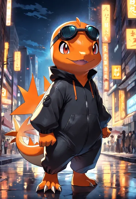 a highly detailed illustration of Charmander wearing the iconic black ...