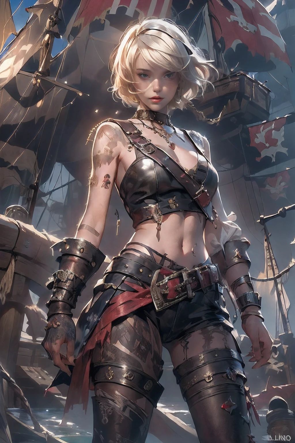 ((top-quality、8K、32K、​masterpiece、nffsw:1.3)), (superfine illustration)、(超A high resolution), (((adult body))), (((1girl in))), ((( Bob Shorthair ))), 25-year-old pirate with a perfect body, Pirate hat with metal spines,Beautiful and well-groomed face, (( Bob Shorthair )), Small leather panties,pirate clothing, Almost naked in Simon Bisley's urban savage style, short blond hair, Minimum clothing, Metal protection on the left arm with complex graphics, Dark red with white stars and blue and white stripes, s Armor, Poison tattoo (((Image from the knee up))), short white blonde hair, pirate ship background