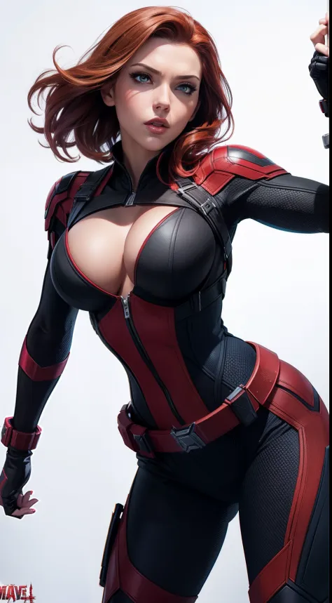 Black widow sexy (big tits) от Marvel Comics, fantasy setting, Dynamic poses, whitebackground, Character concept, character art, Character portrait, tmasterpiece, beste-Qualit, best resolution, 8K