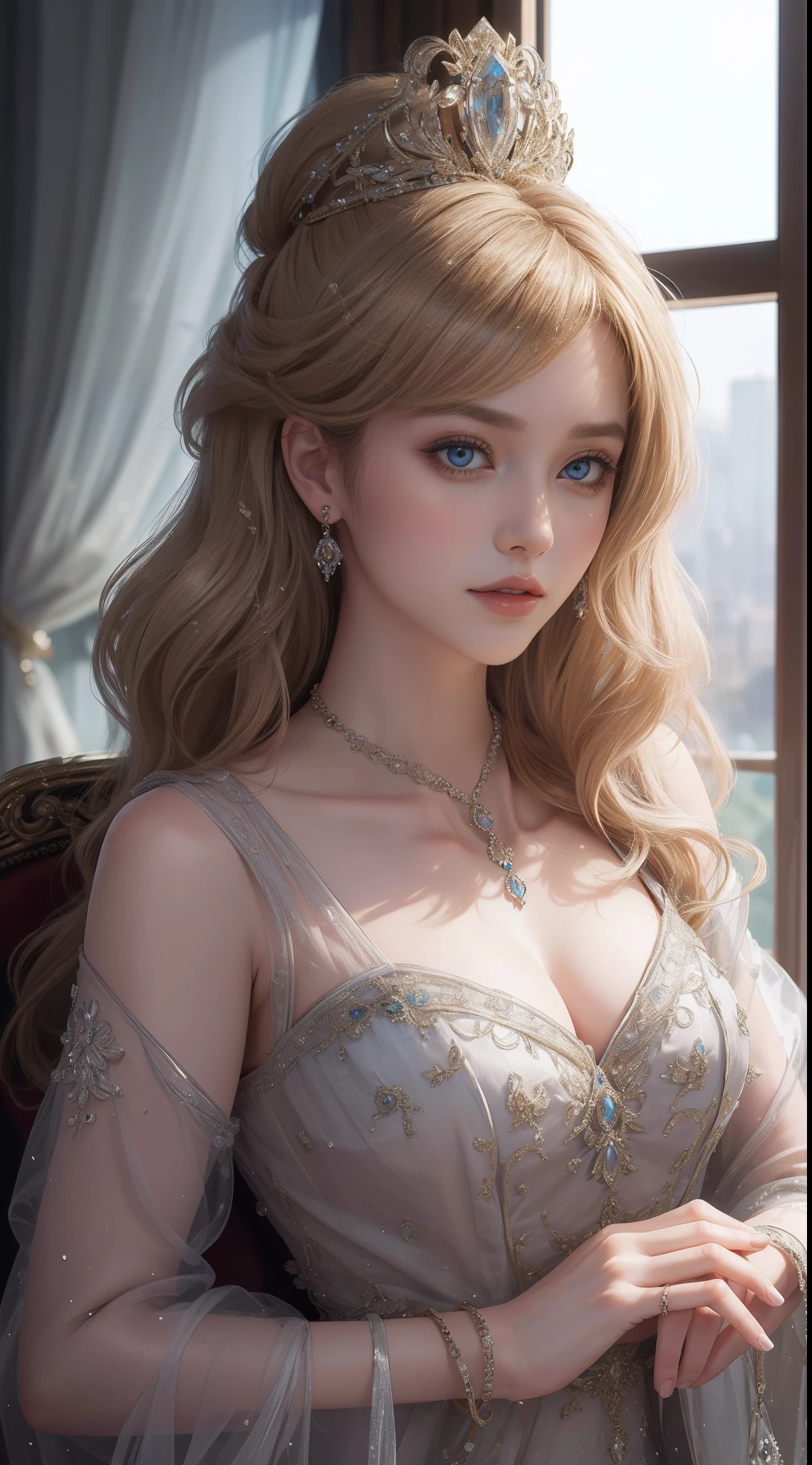 杰作，最高图像质量，皇家女性的美丽半身像，精致的金发发型，饰有耀眼的精致珠宝，超级细节，升级版。