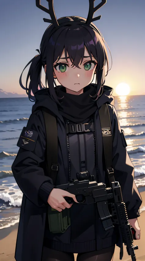 beachside，the setting sun，Purple double ponytail hairstyle，Wear a Christmas reindeer headdress，Green eyes，protective goggles，Black tweed coat，JK，tactical vest，Carrying a small school bag，Take the M4 rifle，Wear a medical mask，