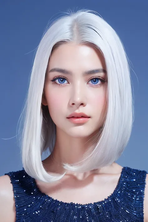 (extra detailed body、extra detailed face、best qualtiy:1.2)、femele、looking at the viewers、(Mode Fashion Show、White hair、blue eyes...