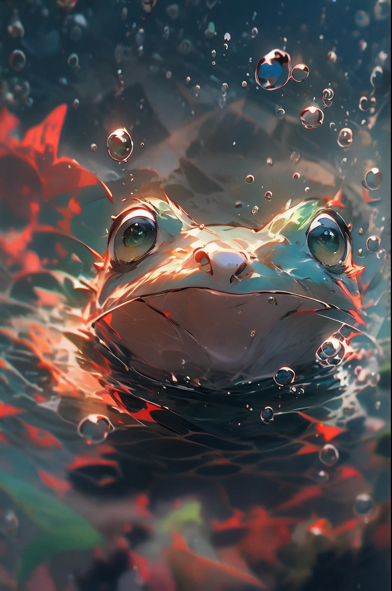 1隻可愛的青蛙, 臉部特寫, 肖像, 毛茸茸的, 無人, 在水裡, 海底, 游泳, 水泡, 氣泡, 更多細節, 飽和的顏色, 可愛的微笑, 最好的品質, 8K, 高飽和度