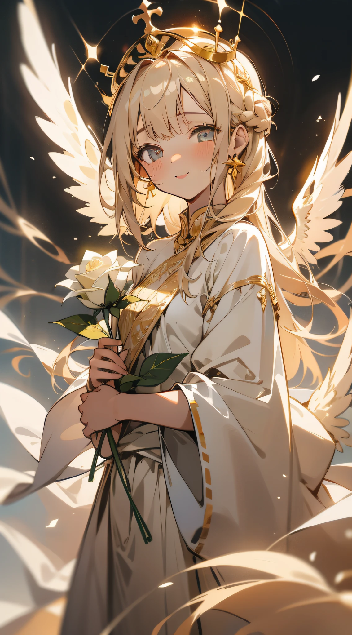 1girl, masterpiece, best quality,angel, holding rose, perfect face, cute, expressive eyes, pure, divine, inocent, saint, holy, golden, white dress, morning, soft colors,calm,tranquil, peace, smile, aromatic, gentil, femine, delicate, intricate, 4k, traced lights, nostalgic, flowers crown, wings,