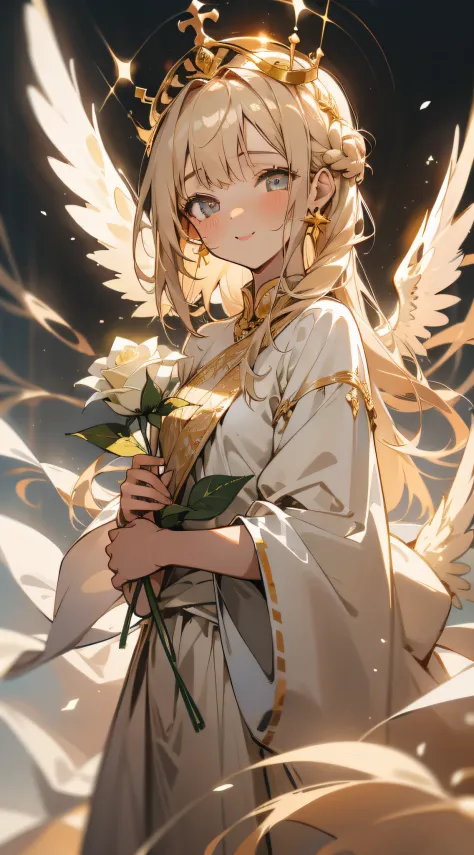 1girl, masterpiece, best quality,angel, holding rose, perfect face, cute, expressive eyes, pure, divine, inocent, saint, holy, g...