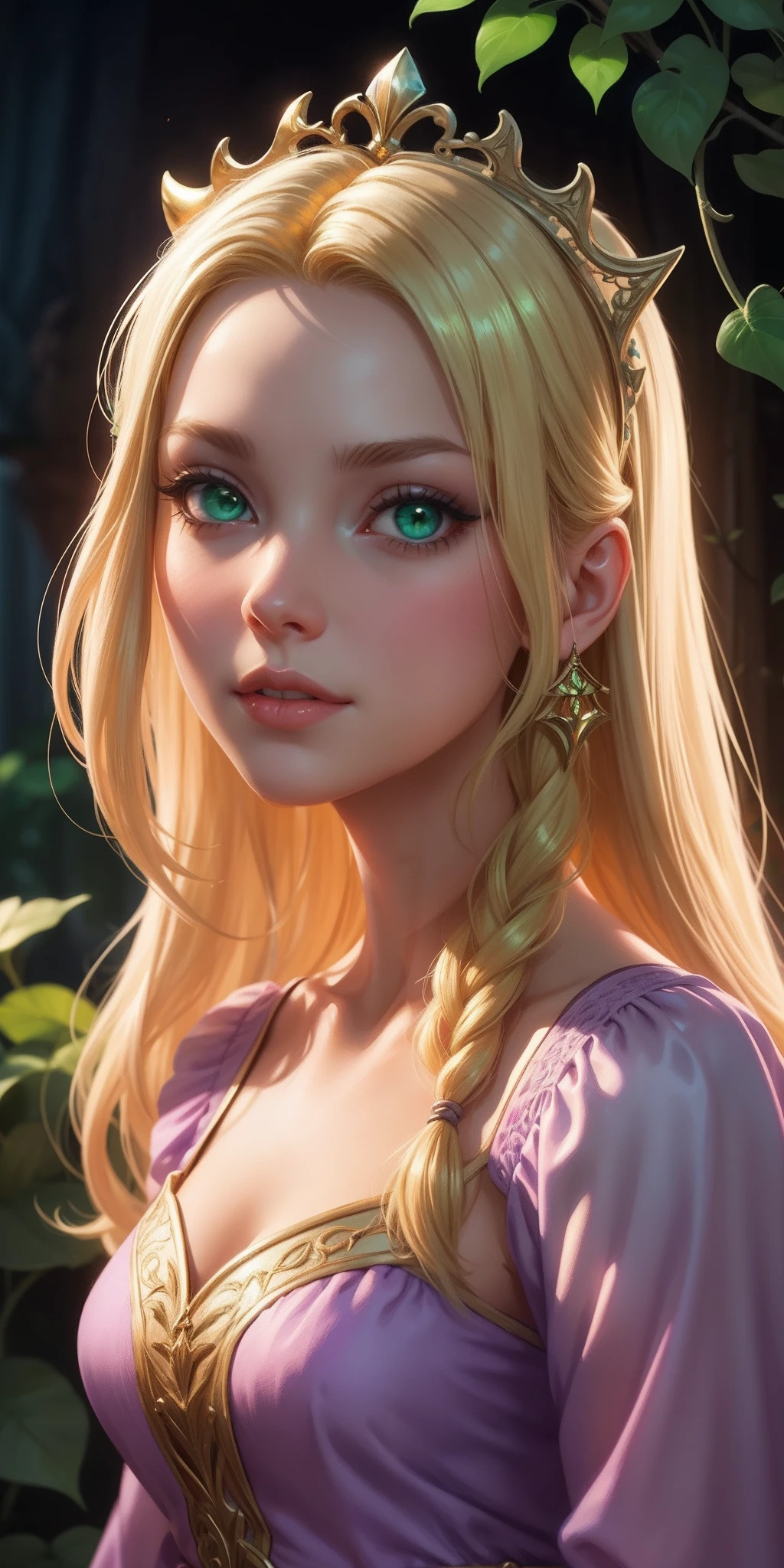 Flower Princess, Rapunzel, Beautiful, Glowing yellow glow, Long blonde hair, Green eyes, Lilac flower dress, Green ivy, Nice young face, Soft tan skin,Art germ, Ultra-detailed and intricate Gothic art trends in Artstation ternary colors, Fantastical, intricately details, Splash screen, Complementary colors, fantasy concept art,