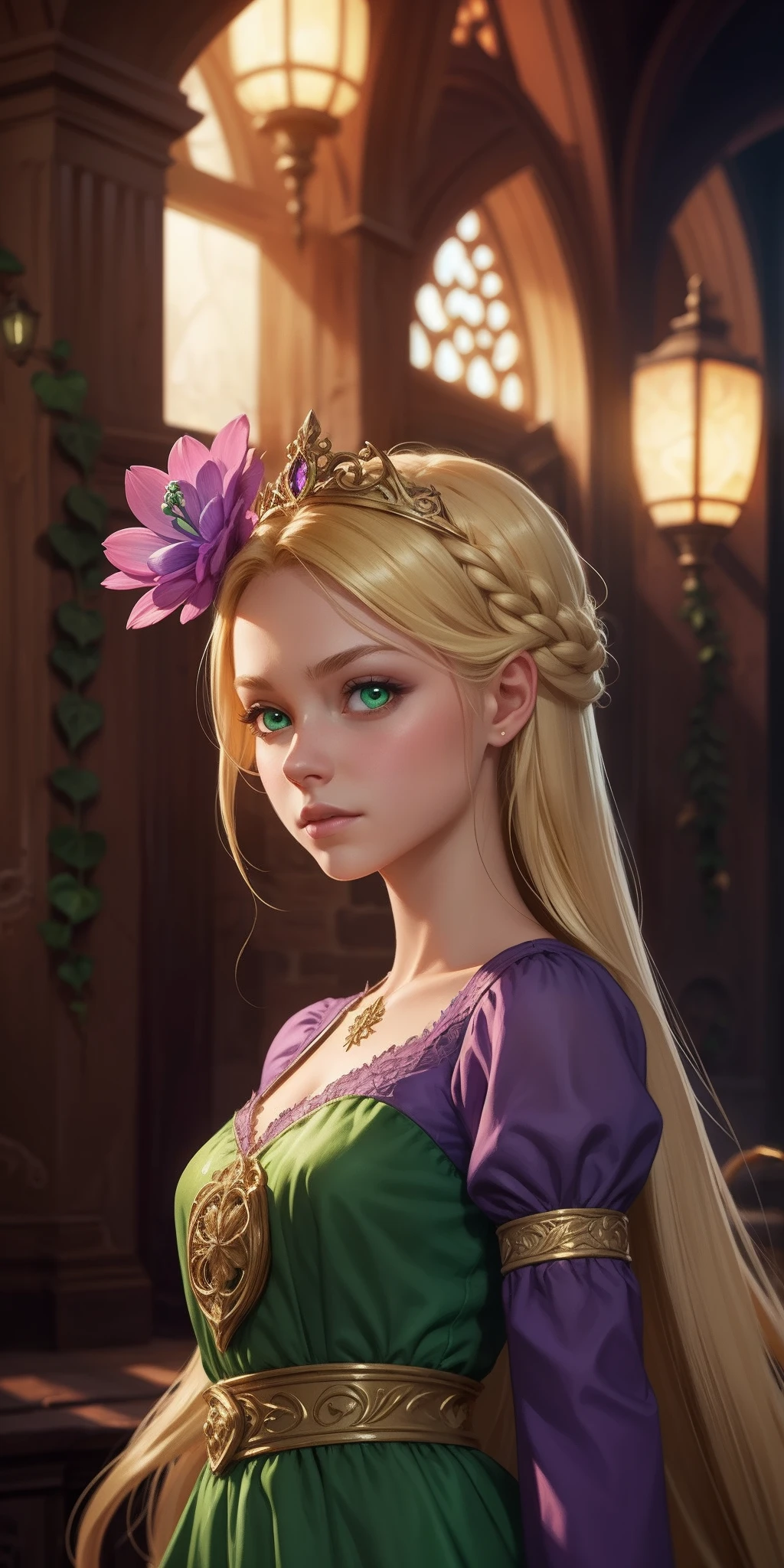 Flower Princess, Rapunzel, Beautiful, Glowing yellow glow, Long blonde hair, Green eyes, Lilac flower dress, Green ivy, Nice young face, Soft tan skin,Art germ, Ultra-detailed and intricate Gothic art trends in Artstation ternary colors, Fantastical, intricately details, Splash screen, Complementary colors, fantasy concept art,