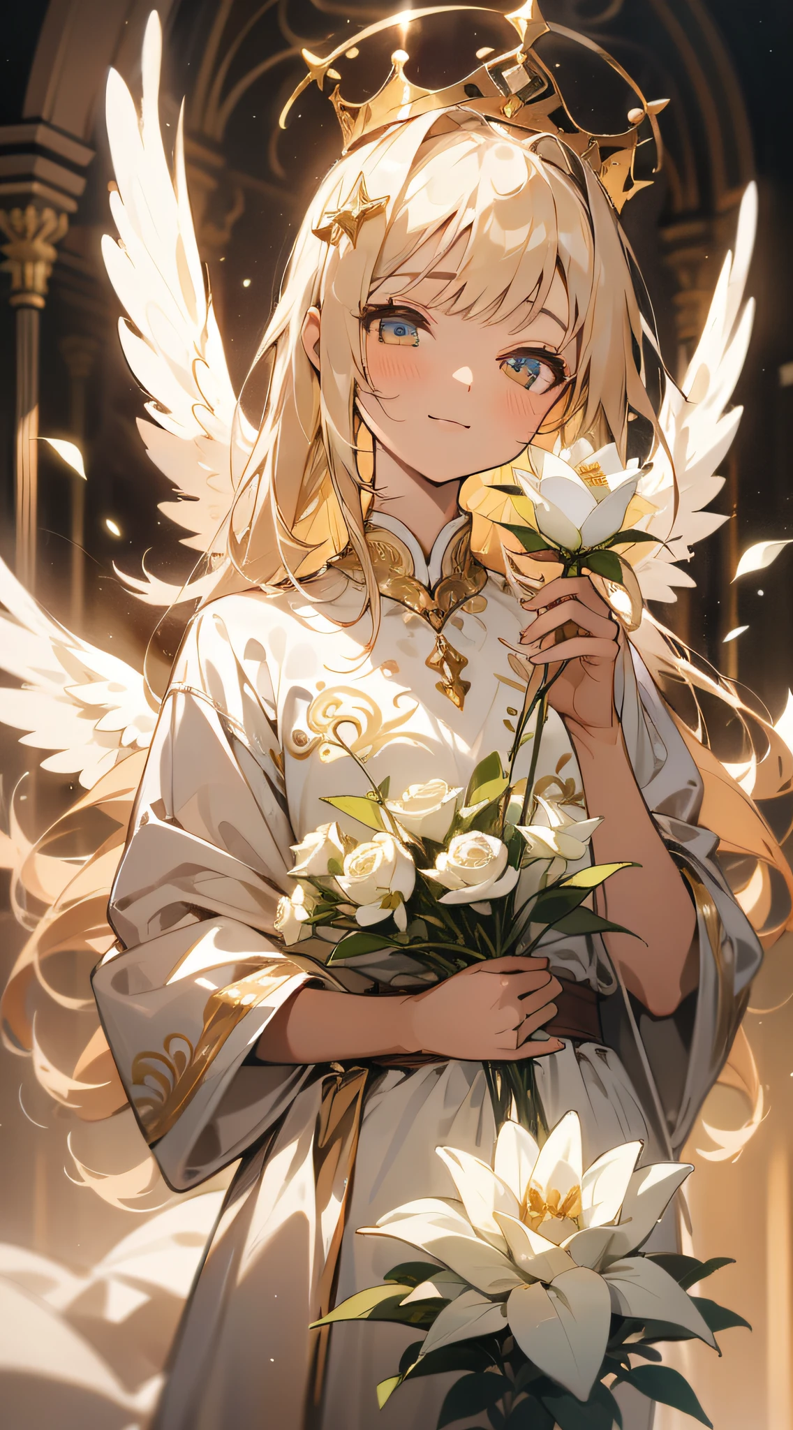 1girl, masterpiece, best quality,angel, holding rose, perfect face, cute, expressive eyes, pure, divine, inocent, saint, holy, golden, white dress, morning, soft colors,calm,tranquil, peace, smile, aromatic, gentil, femine, delicate, intricate, 4k, traced lights, nostalgic, flowers crown, wings,