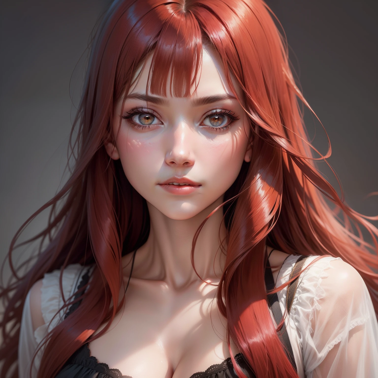 solo person，29-year-old mature woman，Red long-haired，There are broken hair bangs on the forehead，with fair skin，The hair length reaches the waist，The pupils are red，soft facial features，face expressionless，The painting style is delicate，Highest image quality，Bust B