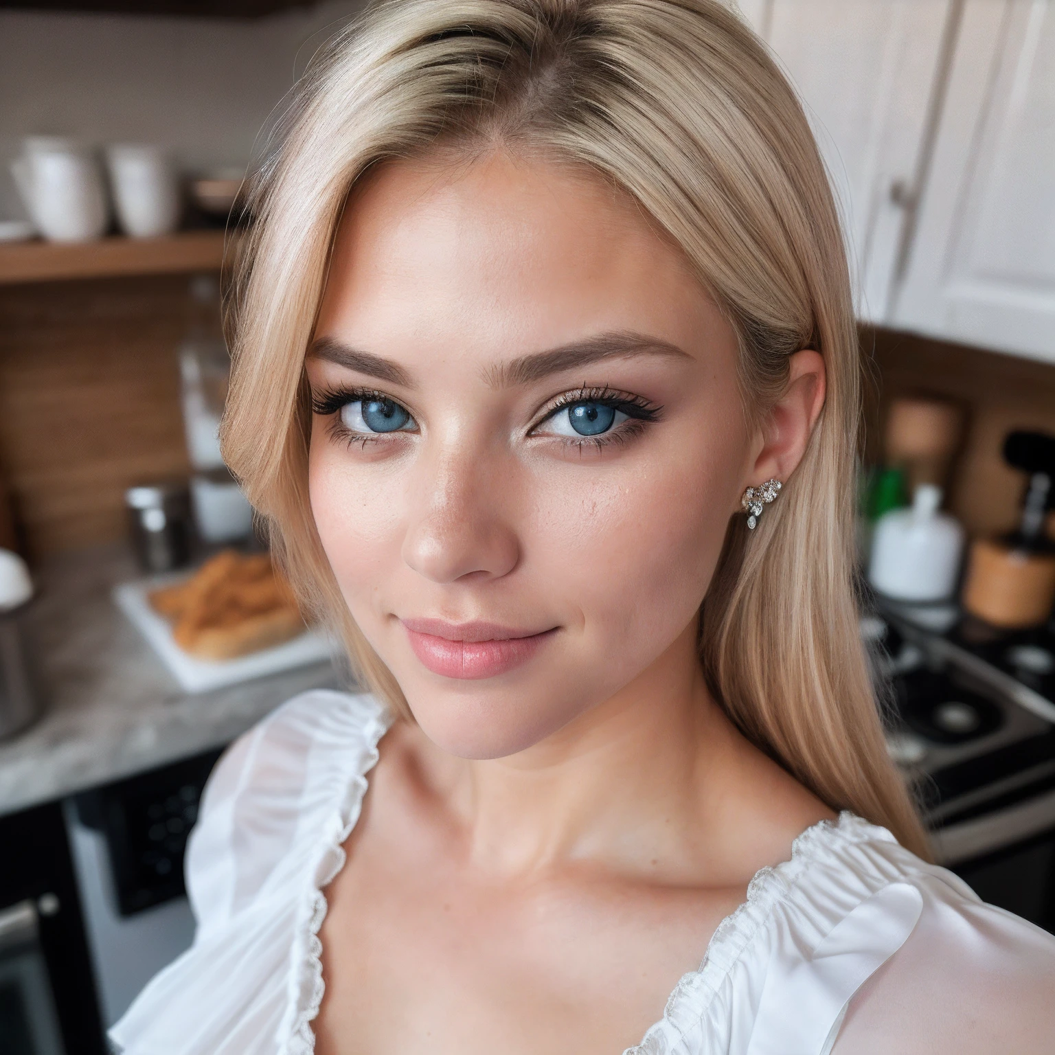 (selfie, top view: 1.4), (full of the body: 1.4), RAW UHD portrait photo of a 24-year-old blonde (blue-eyed woman) large breasts, (skirt), in the kitchen, bulgarian style(neckline), details (textures! , hair! , glitter, color!! , disadvantages: 1.1), glossy eyes with high detail (looking at the camera), SLR lighting, SLR camera, ultra-quality, sharpness, depth of field, film grain (center), Fujifilm XT3, crystal clear, frame center, beautiful face, sharp focus, bokeh (dimly lit), day, detailed skin pores, oily skin, sunburn, complex eye details, full body, large breasts