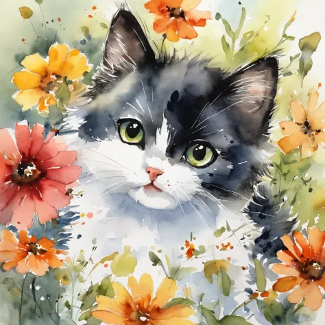 Black and white kitten、cute little、fluffy bristles、illustratio、watercolor paiting、picture book
