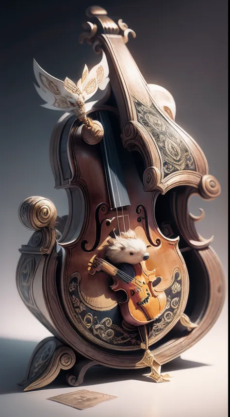 Paper Art: Two kissing hedgehogs play the cello in Leonardo da Vinci's style