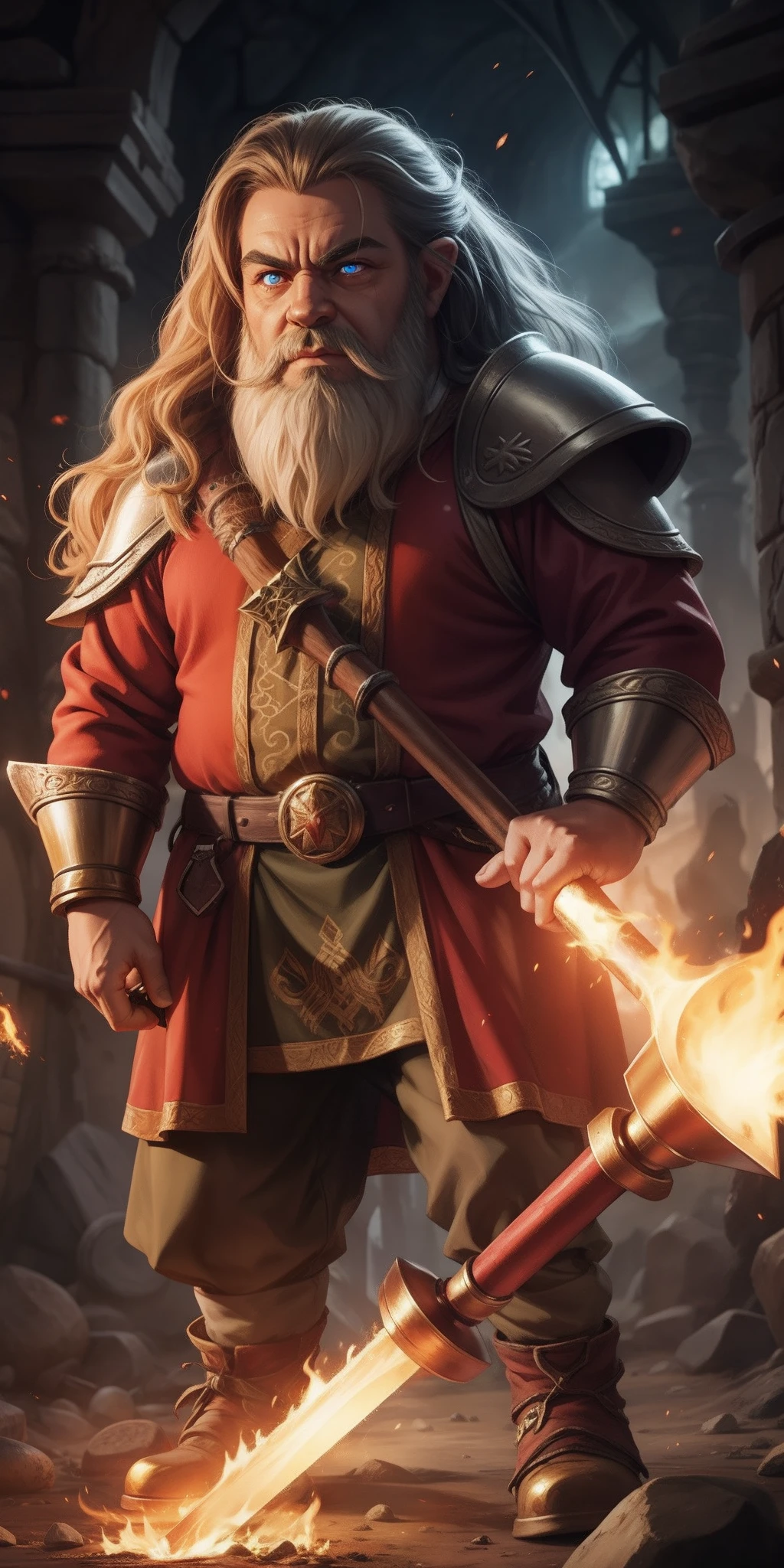 A dwarf with fiery eyes, With a huge magic hammer, Metallic skin