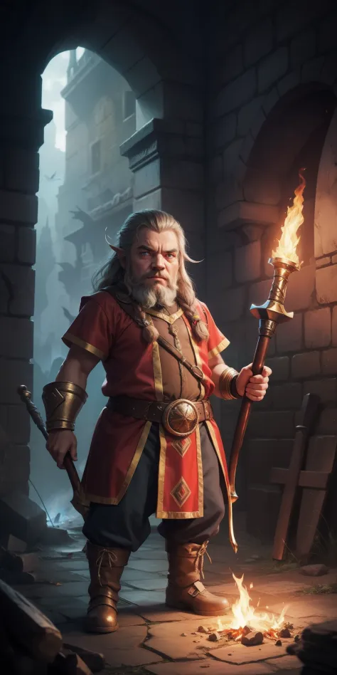 A dwarf with fiery eyes, With a huge magic hammer, Metallic skin