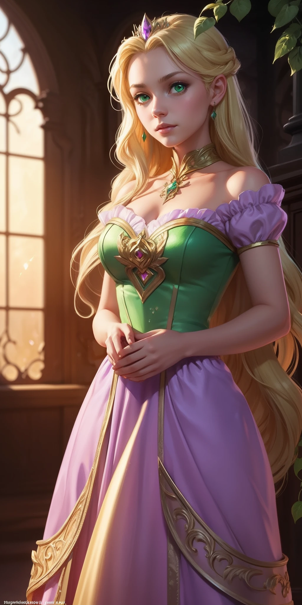 Flower Princess, Rapunzel, Beautiful, Glowing yellow glow, Long blonde hair, Green eyes, Lilac dress, Green ivy, Nice young face, Soft tan skin,Art germ, Ultra-detailed and sophisticated Gothic art trends in Artstation's ternary colors, Fantastical, intricately details, Splash screen, Complementary colors, fantasy concept art,