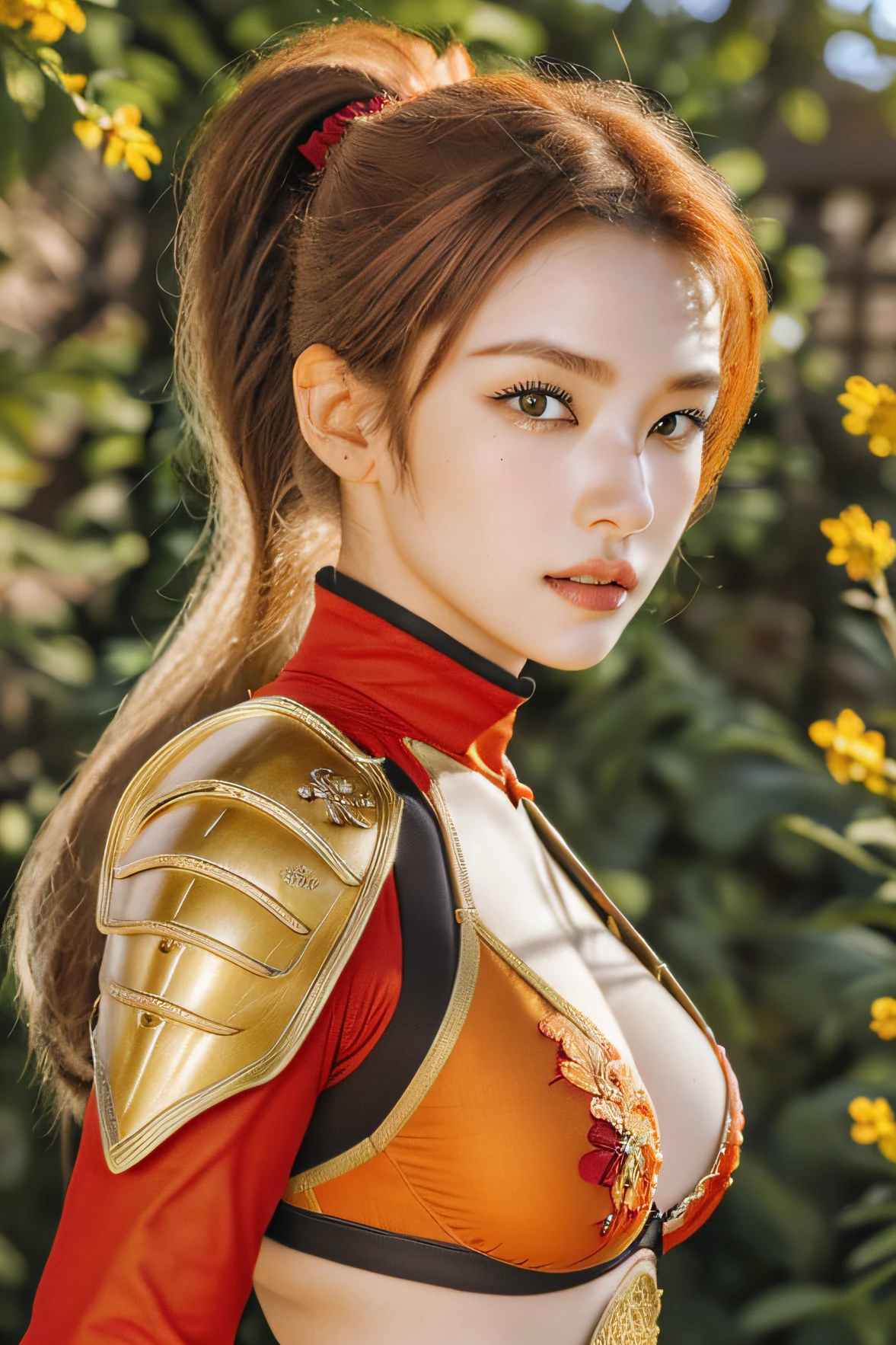 18 year old girl, korean, (8K, best quality:1.2), (masterpiece:1.37), (photo, photorealistic:1.37), (ultrahigh-res), full body, walking pose, shot from front, slow motion, female paladin wearing body armour, (half armour), (golden and red accent armour:1),(ornately decorated armor), (show orange bra), (insanely detailed, bloom:1.5), (highest quality, concept art, 4k), (analog:1.2), (high sharpness), (detailed pupils:1.1), detailed face and eyes, Masterpiece, best quality, (highly detailed photo:1.1), (long blonde Hair, ponytail,ecstatic:1.1), (young woman:1.1), sharp, (perfect body:1.1), realistic, real shadow, 3d, (temple background:1.2), photographed by Canan EOS R6, 135mm, 1/1250s, f/2.8, ISO 400, (brown hair, red highlight hair, ponytail), (face front), model pose, (show breasts), orange bra