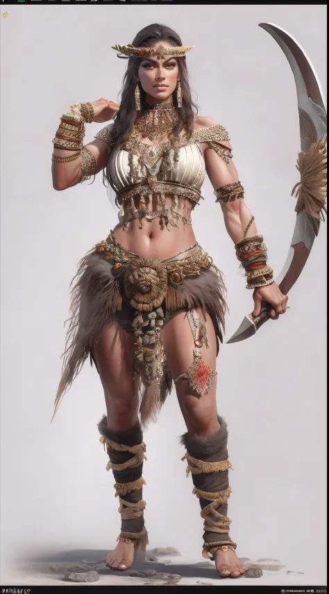 1 beautiful woman、Full body like，Primitive barbarian style，highly details eye、Detailed beautiful face，Full body standing painting，dynamicposes，white backgrounid，tmasterpiece，best qualtiy，Best resolution，8K，