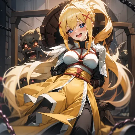 1girl in、darkness_(Konosuba)、Best Quality, hight resolution, 1girl in, Long hair, blondehair, X Hair Ornament, Blue eyes, Ponytail, Hair Ornament, gloves, braid, Black Gloves, Opens mouth and laughs、red blush、Yellow dress、Beautiful valley、​master piece,1li...
