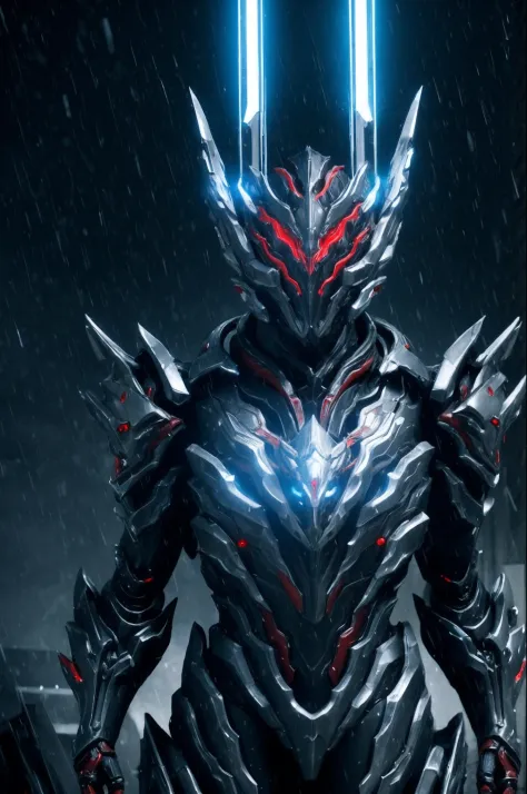 1 robotic dragon-man, blue and silver, WARFRAME, intricate pattern, heavy metal, energy lines, faceless, glowing eyes, elegant, intense, blood red and black uniform, solo, modern, city, streets, dark clouds, thunderstorm, heavy rain,
dramatic lighting,
(ma...