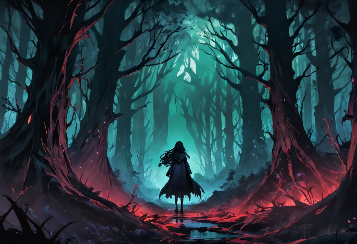 Close up of a person standing in a dark forest, concept art of a dark forest, Dark fantasy forest, dark fantasy artwork, an ominous fantasy illustration, dark fantasy style art, dark fantasy concept art, Dark fantasy background, dnd in a dark forest, Epic fantasy digital art style, dark fantasy environment, Forbidden Forest, Dark fantasy landscape, 8K fantasy art