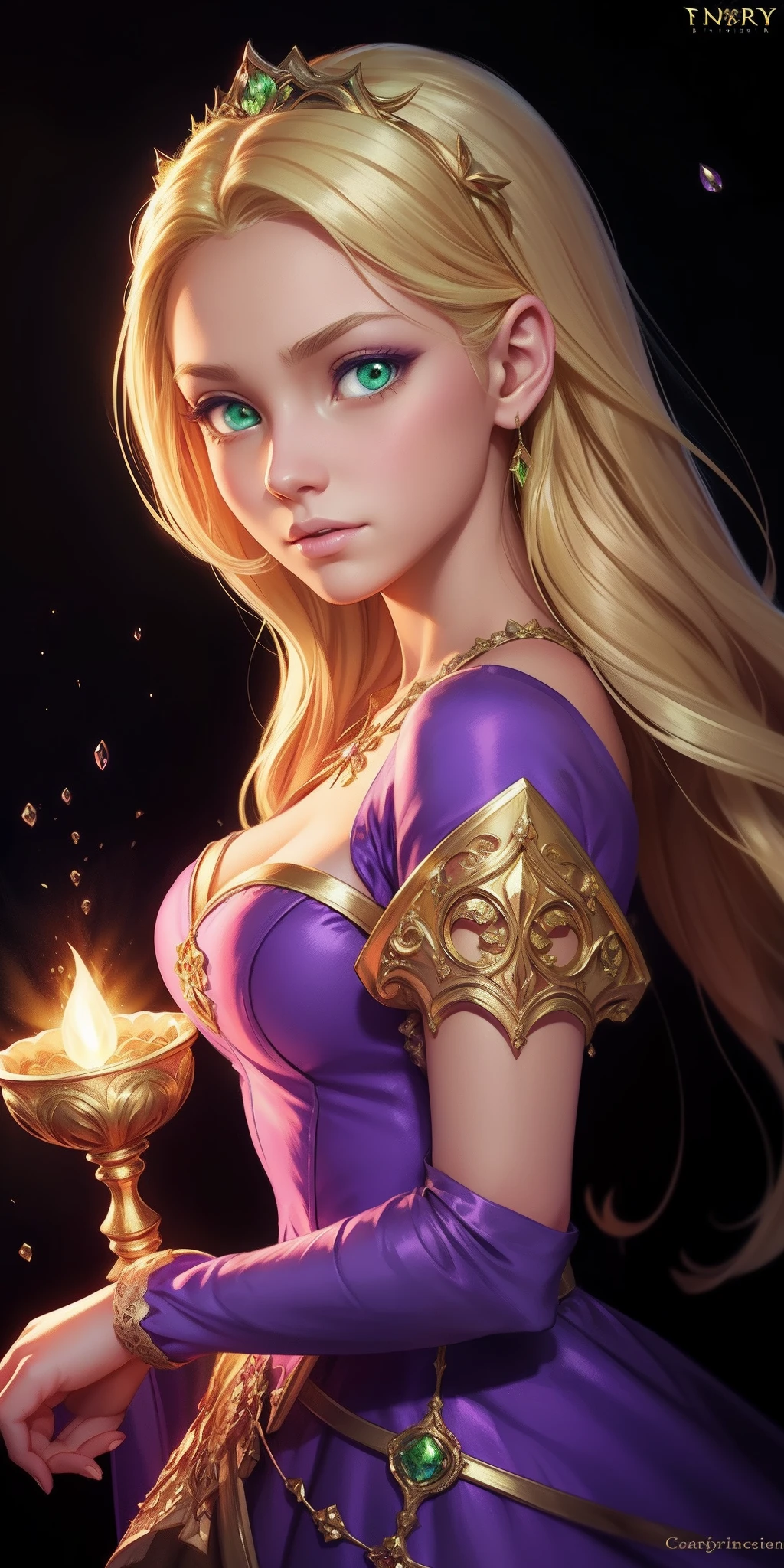 Flower Princess, Rapunzel, Beautiful, Glowing yellow glow, Long blonde hair, Green eyes, Lilac dress, Green ivy, Nice young face, Soft tan skin,Art germ, Ultra-detailed and sophisticated Gothic art trends in Artstation's ternary colors, Fantastical, intricately details, Splash screen, Complementary colors, fantasy concept art,