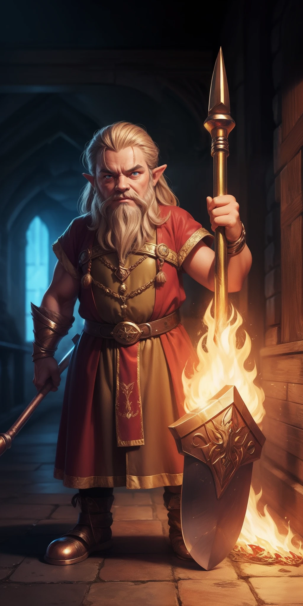 一個有著火熱眼睛的矮人, 帶著巨大的魔法錘, 金屬皮膚