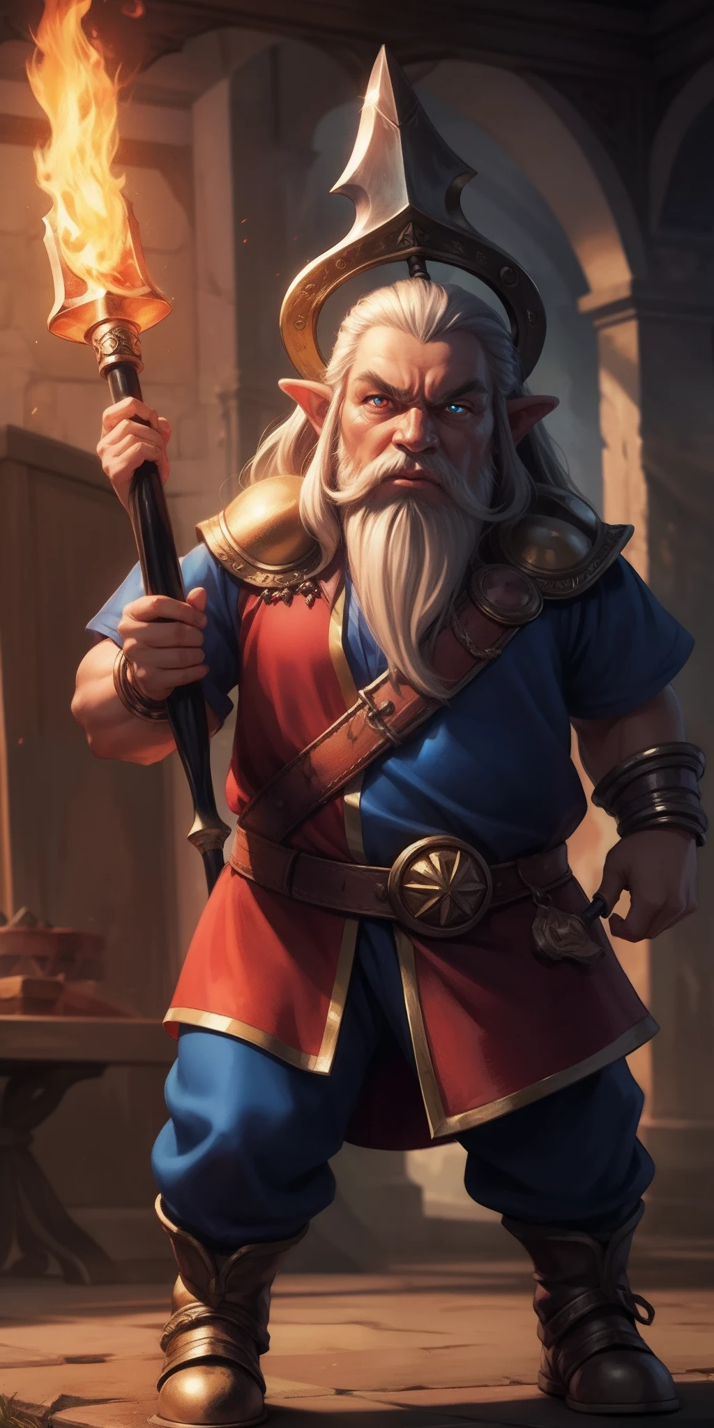 A dwarf with fiery eyes, With a huge magic hammer, Metallic skin