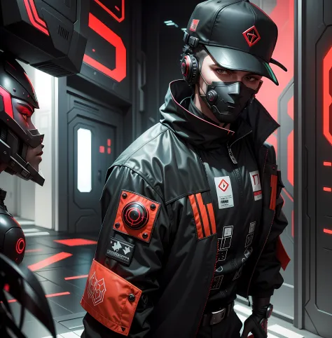 um homem com traje futurista estilo cyberpunk,  traje vermelho e preto, with futuristic style baiseball cap,  autoretrato realis...