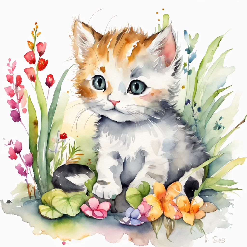 ある日の美術館　猫の親子　ポストカードsize　水彩画原画 ある日の美術館 猫の親子 ポストカードsize 水彩画原画