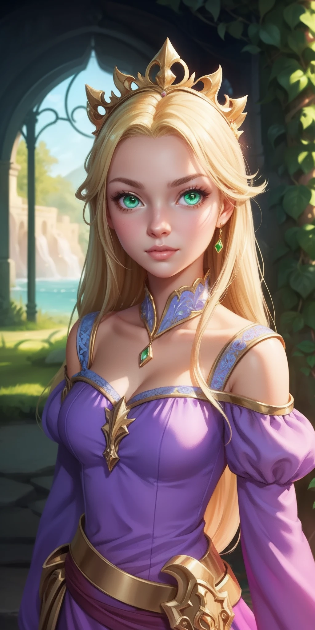 Flower Princess, Rapunzel, Beautiful, Glowing yellow glow, Long blonde hair, Green eyes, Lilac dress, Green ivy, Nice young face, Soft tan skin,Art germ,  Fantastical, intricately details, Splash screen, Complementary colors, fantasy concept art,