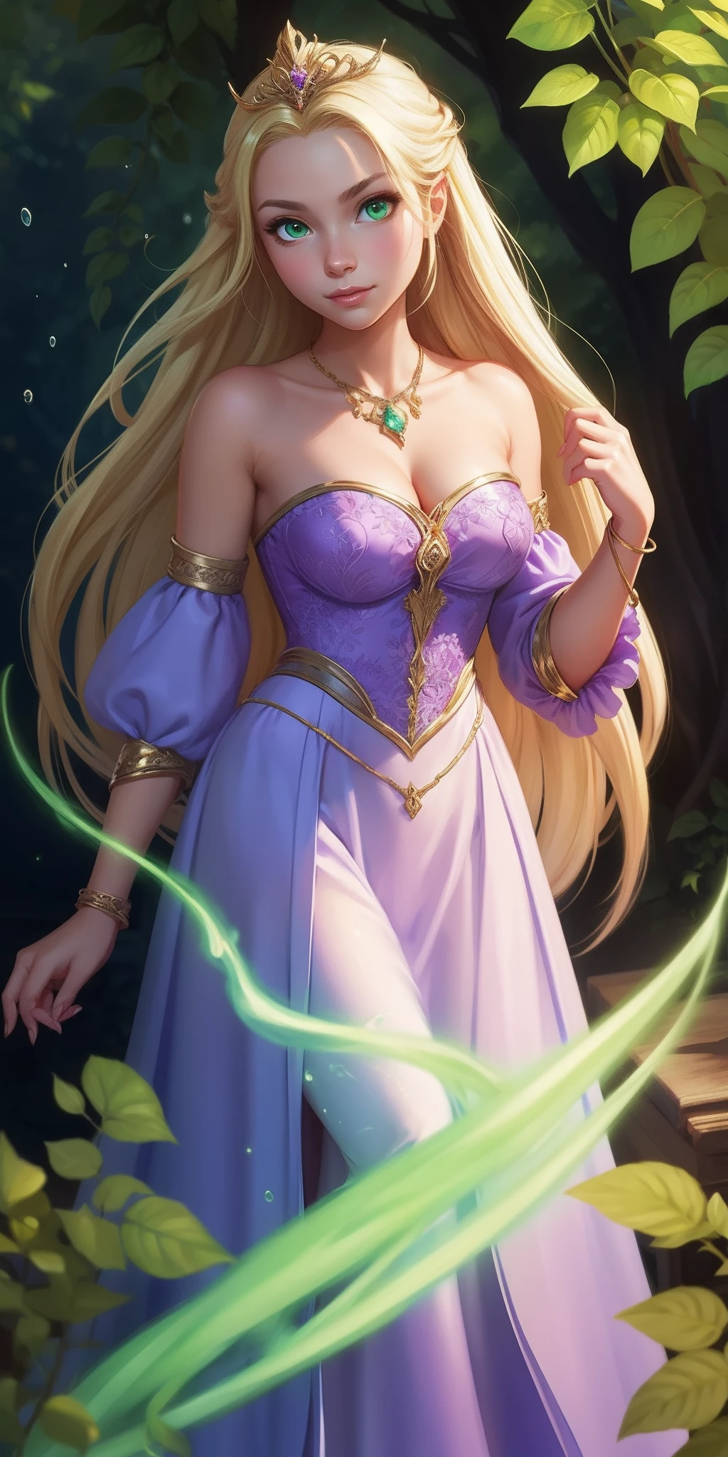 Flower Princess, Rapunzel, Beautiful, Glowing yellow glow, Long blonde hair, Green eyes, Lilac dress, Green ivy, Nice young face, Soft tan skin,Art germ,  Fantastical, intricately details, Splash screen, Complementary colors, fantasy concept art,