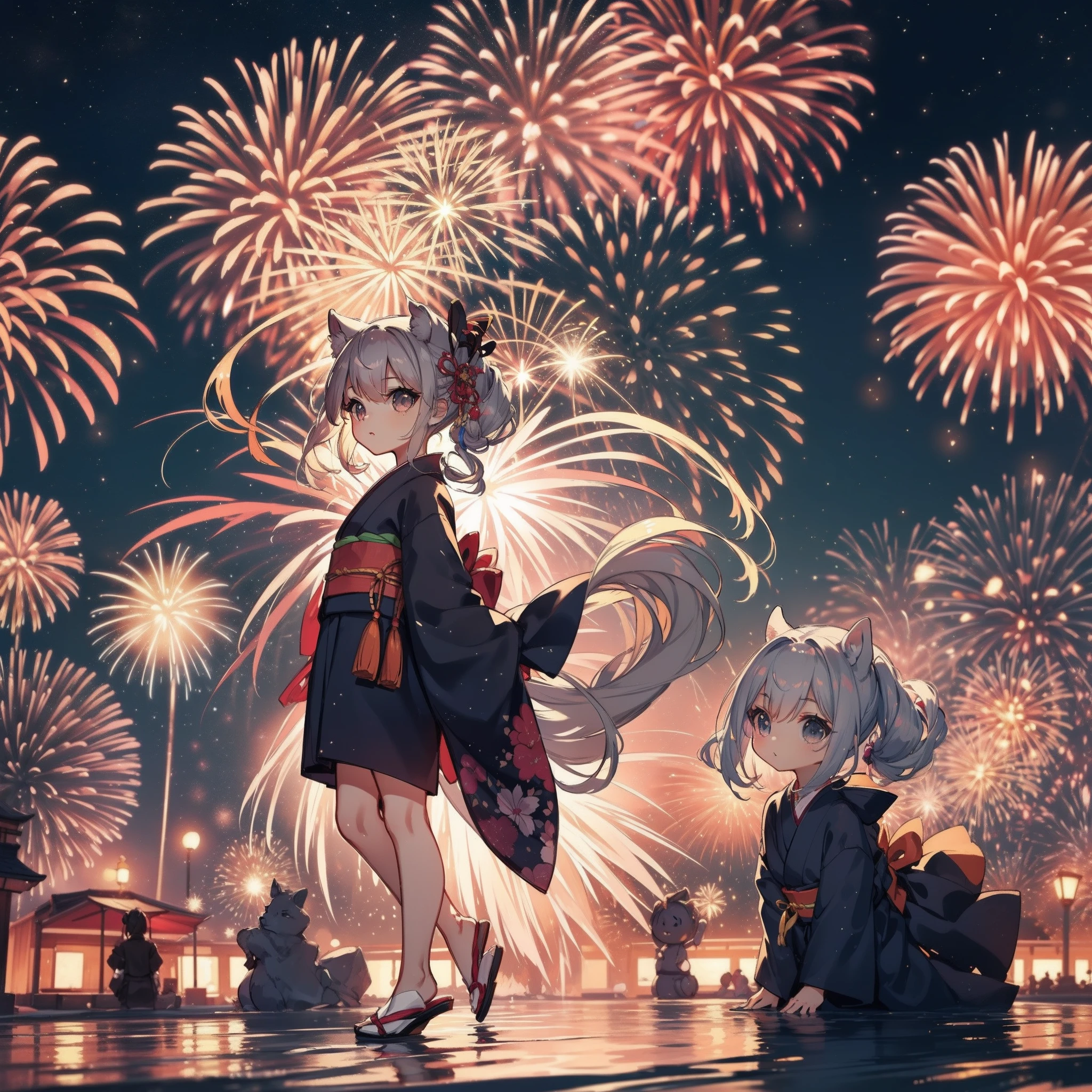 Chibi:1.8,girls,Kimono,Girl in Yukata,Blowing in the wind,Summer Festivals,BRAKE night:1.5,food stand,scenery reflected in the water,BRAKE Spirit Stream,Big  Fireworks:1.7,Fireworks in the night sky:1.8,poney Tail,action:1.6,BRAKE dynamic pose,dynamic angle,ground-level shot,low angle,full body shot,long shot,BRAKE (masutepiece: 1.3), (exquisite detailing: 1.2), Delicate and beautiful details, (Eye Detail), (Facial Detailed), (Highest Quality) :1.4), (Hyper-Resolution: 1.2), (very detailed illustration),Best Quality,depth of fields, Wide light, natural shadows