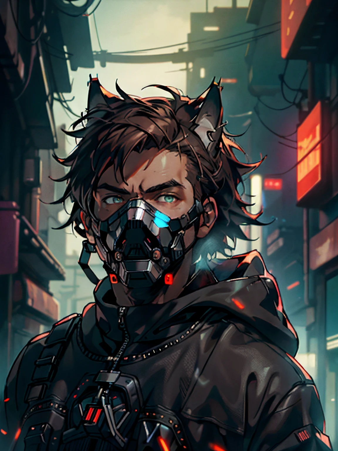 ultra detail, high resolution, ultra detailed, best quality, amazing, top quality, extremely detailed CG 8k wallpaper unit, cinematic lighting, cyberpunk, dark boy, Wolf face mask, brown hair, hood covering head