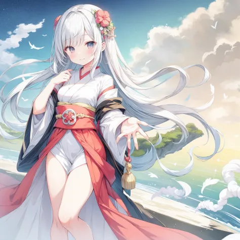 Painting of a woman in a kimono dress surrounded by the sea, Archaic Smile, Look up to heaven with open arms, Long silver hair, goddess of the sea, goddess of Japan, beautiful anime artwork, japanese art style, Gracefully stand on the sea, serene illustrat...