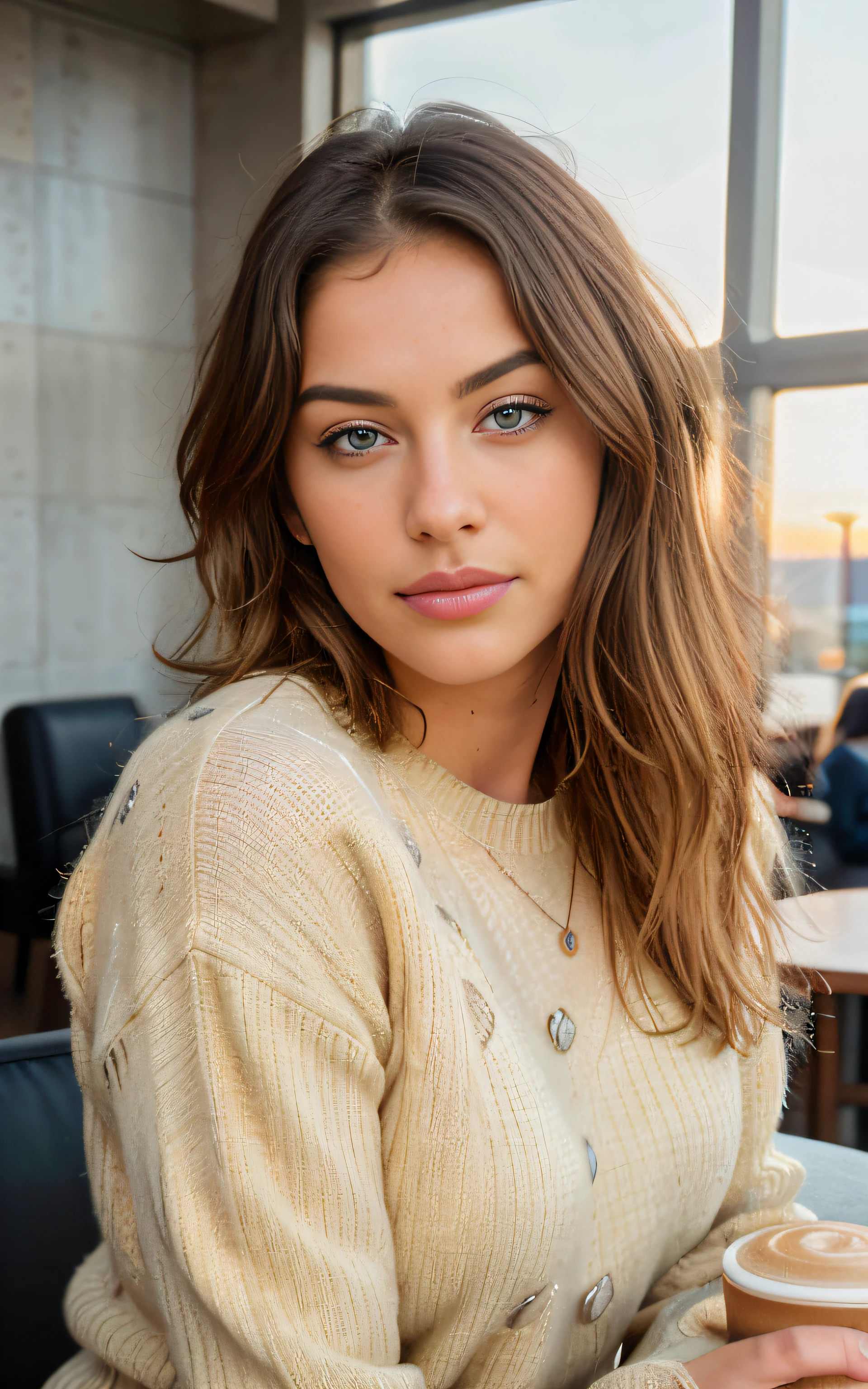 cute beautiful blonde wearing yellow sweater (drinking coffee inside a modern cafe at sunset), very detailed, 2, inoccent face, natural wave hair, blue eyes, high-res, masterpiece, best quality,intricate details, highly detailed,sharp focus, detailed skin,realistic skin texture,texture, detailed eyes, professional, 4k, charmer smile, shot on Canon, 85mm,shallow depth of field,kodak vision color, perfect fit body, extremely detailed, photo_\(ultra\), photorealistic, realistic, post-processing, max detail, roughness, real life, ultra realistic, photorealism, photography, 8k uhd, photography