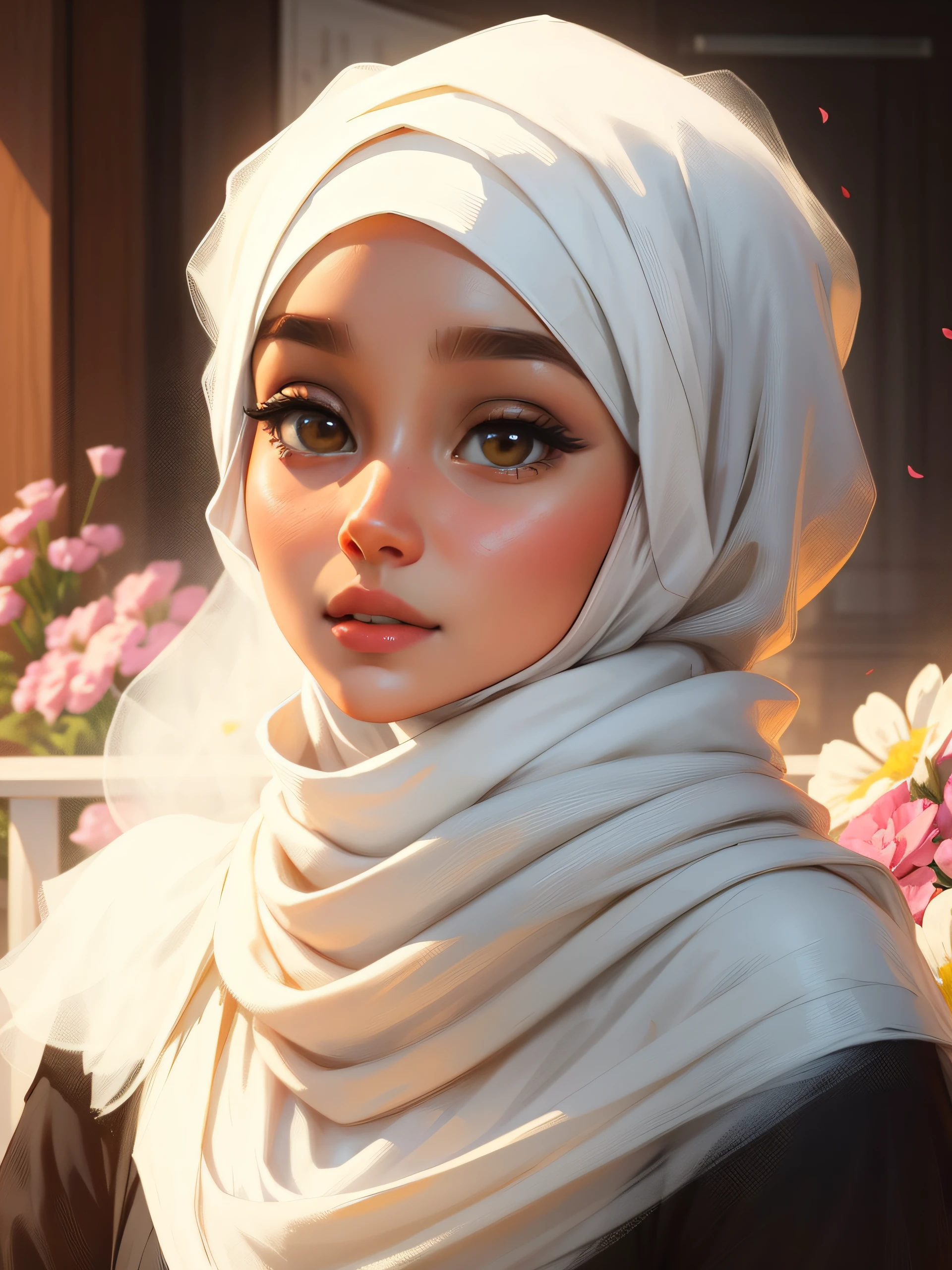 there is a woman with a scarf and flowers in her hair, white hijab ...