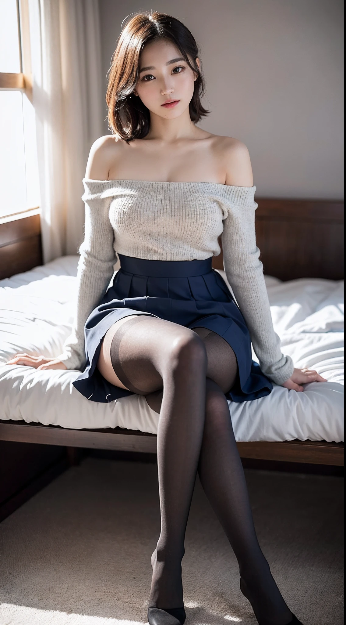 face is :9,503917907], Real 19-year-old college girl from upper class、Wearing a knitted dress、Sitting in the comfort of your room、 (Wearing pantyhose、Very realistic pantyhose)、thighs thighs thighs thighs、165 cm tall, Japanese Models, Short Layer Hair、japanaese girl, Neat and clean Japan woman, A smile、Smile、goddess of Japan, Innocence、Realistic Pantyhose、Raw photo, (8K、top-quality、​masterpiece:1.2)、(intricate detailes:1.4)、(Photorealsitic:1.4)、octane renderings、Complex 3D rendering ultra detail, studio lights, Rim Lights, vibrant detail, super detailing, Realistic Pantyhose、realistic skin textures, Detail Face, Beautiful detail eyes, Very detailed CG Unity 16k wallpaper, make - up, (detailedbackground:1.2), shinny skin、turned around、Exposed thighs!!!